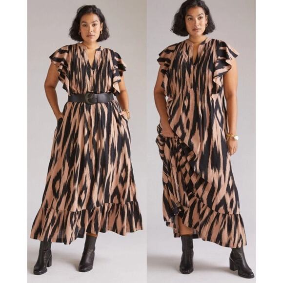 Maeve Cassandra Maxi Dress Flutter Sleeve Ruffle Hem Black Tan Womens Size XL - Picture 1 of 7